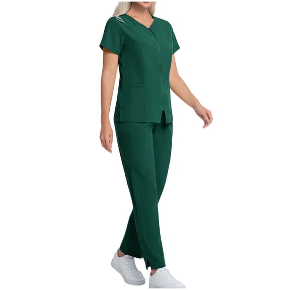 HOMBOM Womens Scrubs Green Medical V Neck Scrub Top and Pant Short Sleeve Comfortable Working Uniforms for Women Set