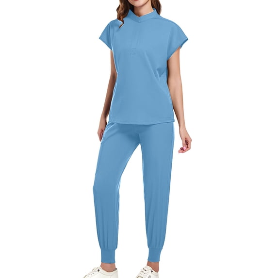 HOMBOM Womens Scrubs Medical Top and Joggers Scrub Pant Blue Modern Set Working Uniforms for Women