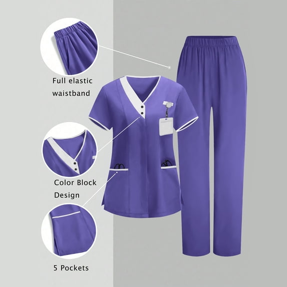HOMBOM Womens Scrubs Medical V Neck Scrub Top and Pant Purple Modern Short Sleeve Set Nursing Uniforms for Ladies