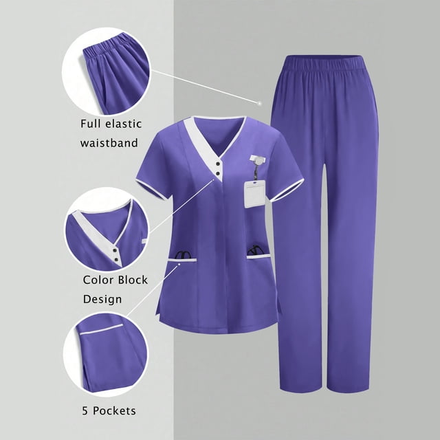 HOMBOM Womens Scrubs Medical V Neck Scrub Top and Pant Purple Modern Short Sleeve Set Nursing Uniforms for Ladies