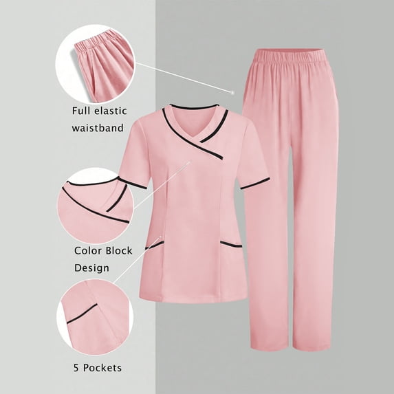 HOMBOM Womens Scrubs Pink V Neck Scrub Top and Pant Short Sleeve Lightweight Medical Working Uniforms for Women Set