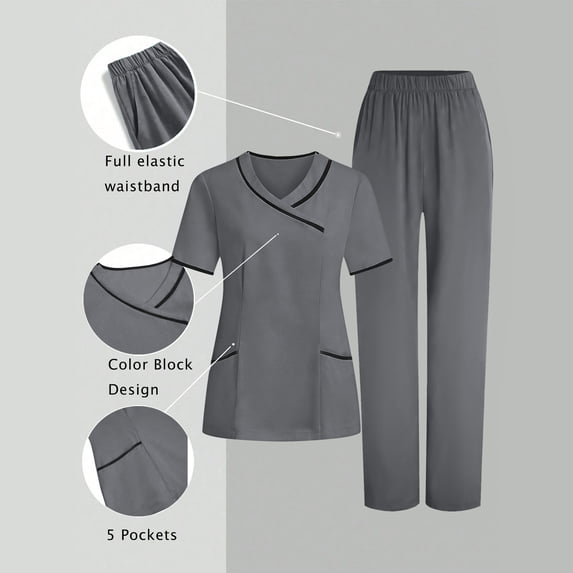 HOMBOM Womens Scrubs Set V Neck Scrub Top and Pant Medical Short Sleeve Gray Working Uniforms for Women Lightweight