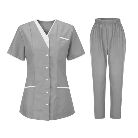 HOMBOM Womens Scrubs Short Sleeve Set V Neck Scrub Top and Pant Medical Lightweight Gray Working Uniforms for Ladies