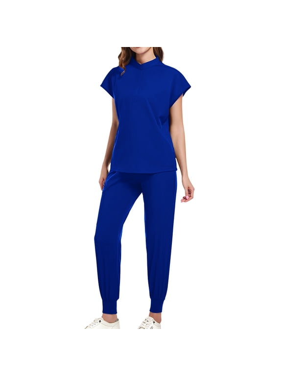 Womens Scrubs Short Sleeve Top and Joggers Scrub Pant Medical Blue Stretch Nursing Uniforms for Women