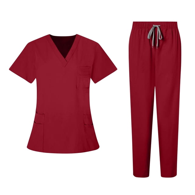HOMBOM Womens Scrubs V Neck Scrub Top and Pant Short Sleeve Medical Stretch Red Working Uniforms for Women