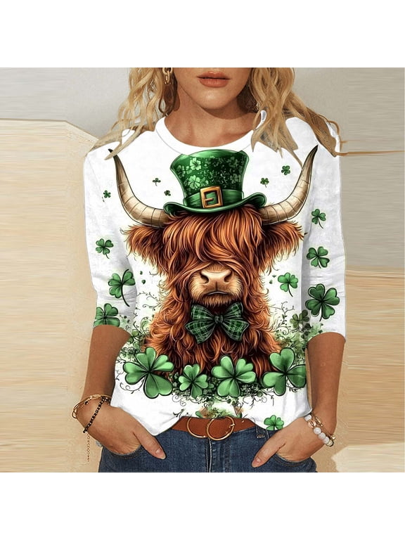 Womens Shamrock Shirts Irish Graphic Tees Casual White 3/4 Sleeve Crewneck St.Patrick's Day Holiday Tops for Ladies