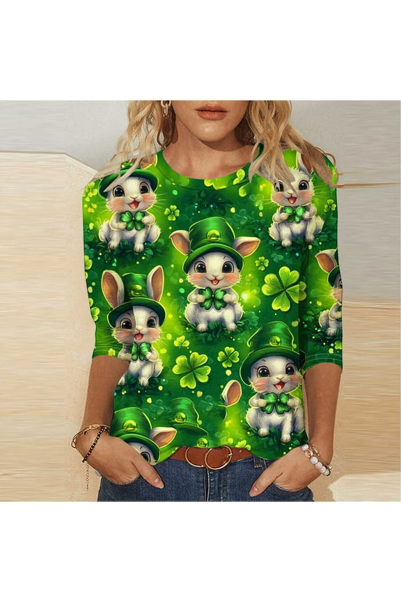 Womens Shamrock Shirts Irish Graphic Tees Holiday St.Patrick's Day Crewneck Army Green Trendy Tshirts for Women 3/4 Sleeve