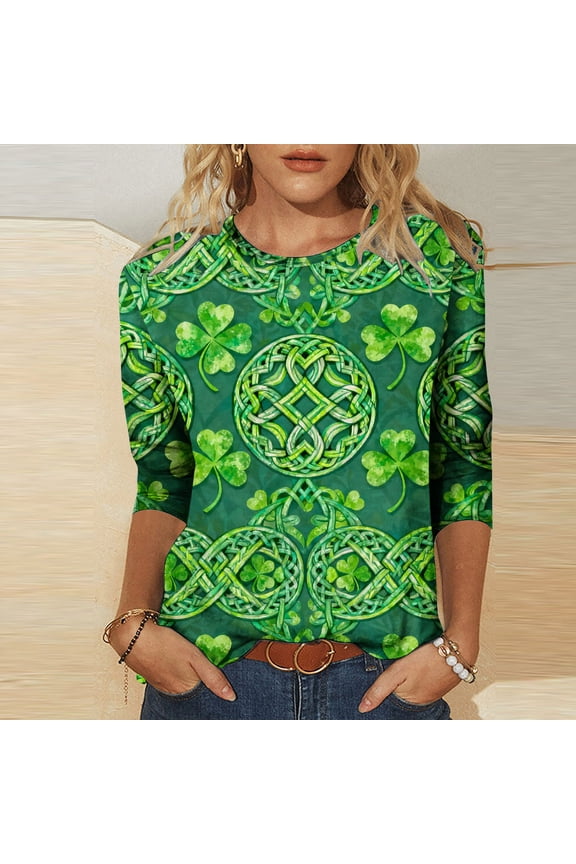 Womens Shamrock Shirts Irish Graphic Tees St.Patrick's Day 3/4 Sleeve Green Holiday Tshirts for Ladies Funny