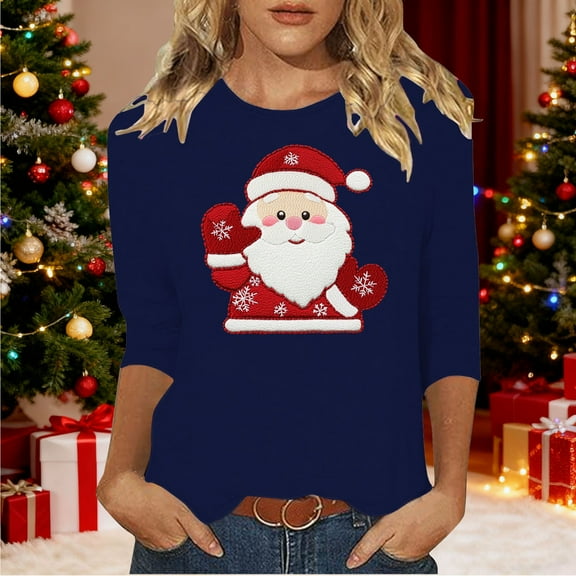 HOMBOM Womens Shirts 3/4 Sleeve Holiday Blue Christmas Crewneck Santa Xmas T Shirts for Ladies Funny