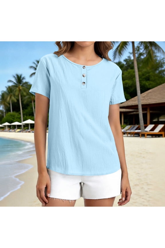 Womens Shirts Basic Light Blue Spring Loose Cotton Solid Color Short Sleeve Crewneck Blouse for Women Comfy