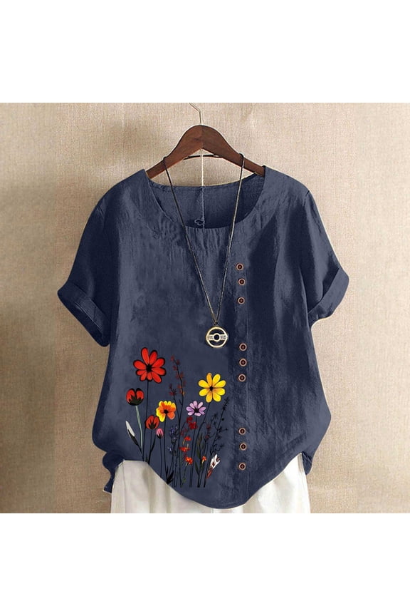 Womens Shirts Boho Tunic Tops Trendy Casual Cotton Linen Short Sleeve Blouse for Women Crewneck
