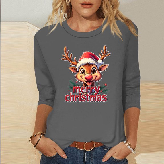 HOMBOM Womens Shirts Comfy Christmas Crewneck 3/4 Sleeve Basic Merry Christmas Gray Shirts for Ladies Xmas
