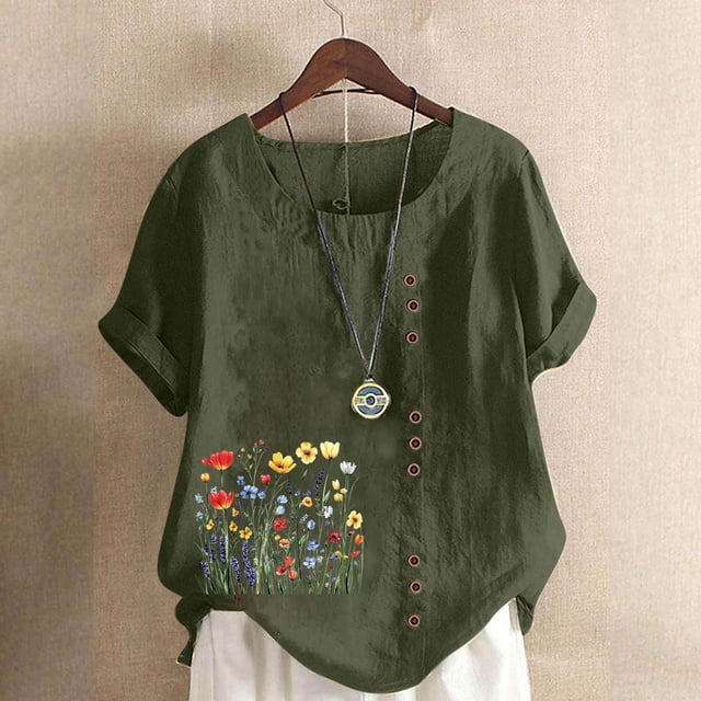 HOMBOM Womens Shirts Cotton Linen Button Plus Size Short Sleeve Crewneck Summer Army Green Floral T Shirts for Women Casual