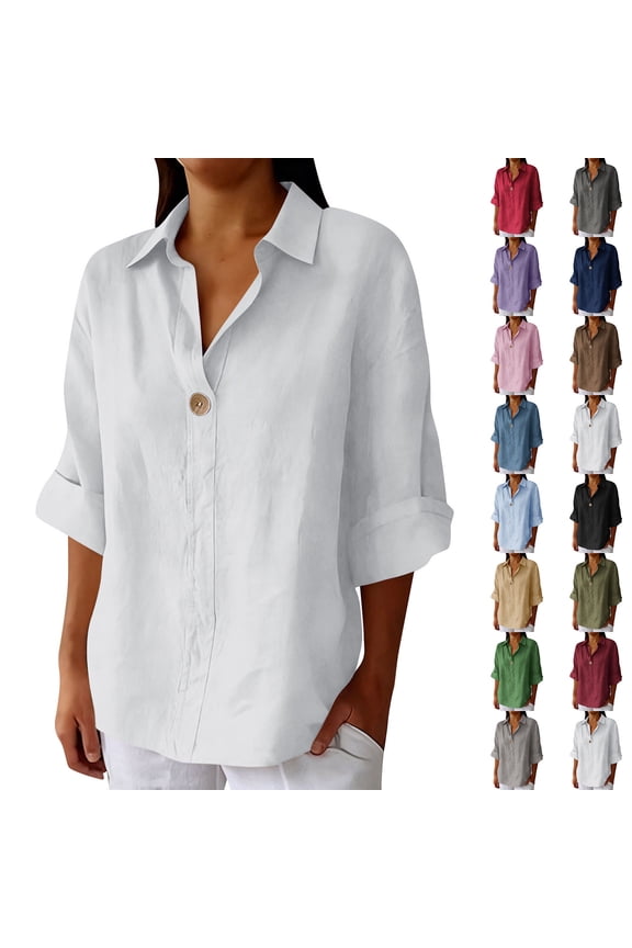 Womens Shirts Cotton Linen Lapel Summer White Solid 3/4 Sleeve V Neck Blouse for Ladies