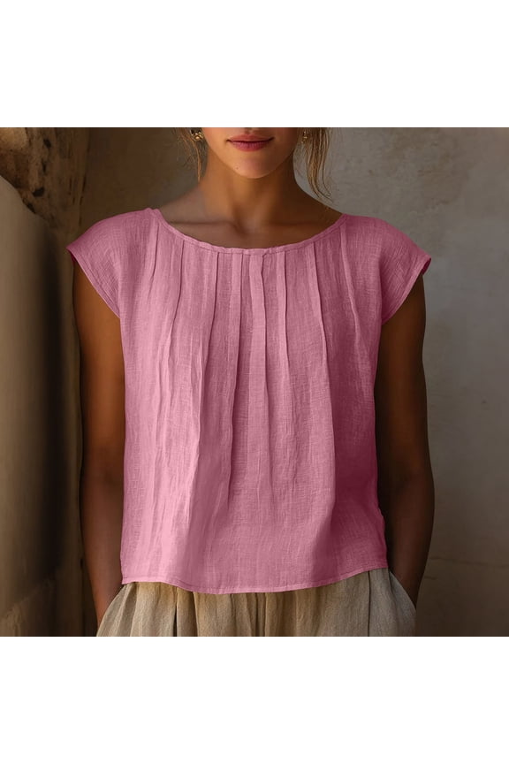Womens Shirts Cotton Linen Pleated Solid Short Sleeve Summer Pink Loose Fit T Shirts for Ladies