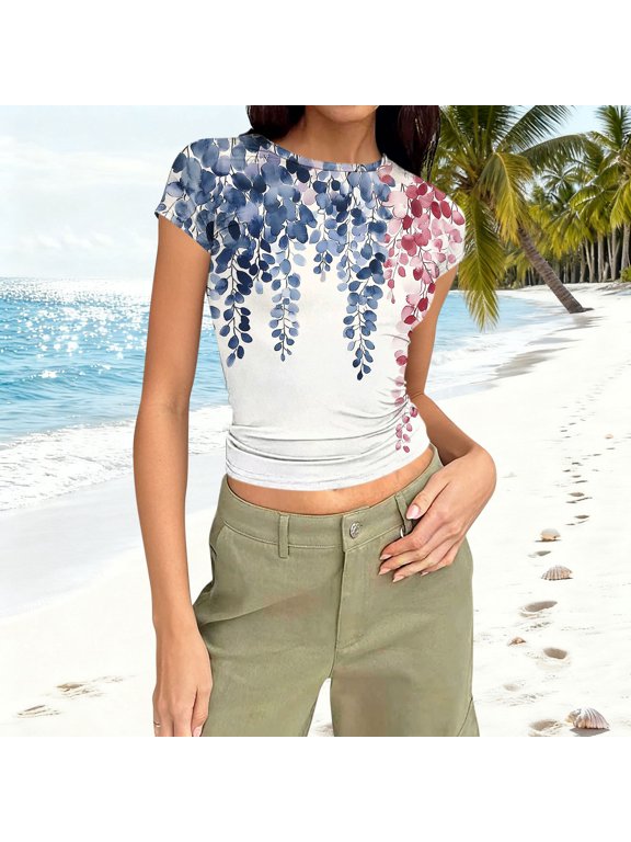 Womens Shirts Crop Tunic Tops Y2k Casual Floral Slim Fit Spring Short Sleeve T Shirts for Ladies Crewneck