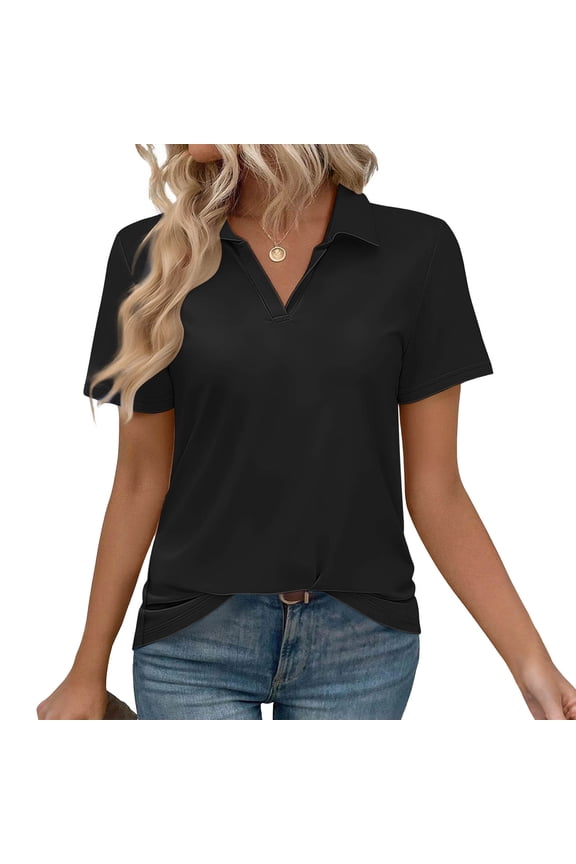 Womens Shirts Spring Plain Tunic Tops Polo V Neck Dressy Casual Short Sleeve Soft Blouse for Ladies