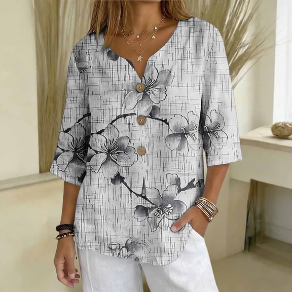 HOMBOM Womens Shirts Summer Blouse Business Casual Daily Wear V-Neck 3/4 Sleeve Tops for Ladies Henley