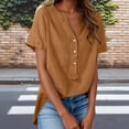 thumbnail image 1 of HOMBOM Womens Shirts Summer Cotton Linen Lapel Button down Solid Short Sleeve Loose Fit Gold V Neck Blouse for Women, 1 of 9