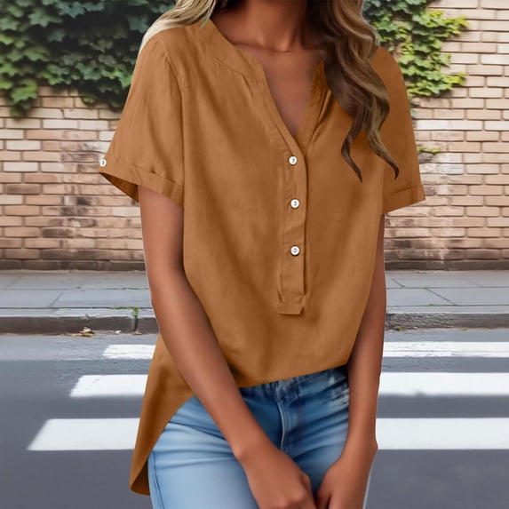 HOMBOM Womens Shirts Summer Cotton Linen Lapel Button down Solid Short Sleeve Loose Fit Gold V Neck Blouse for Women