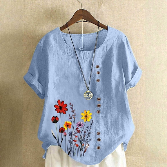 HOMBOM Womens Shirts Trendy Tunic Tops Boho Comfy Cotton Linen Short Sleeve T Shirts for Women Floral