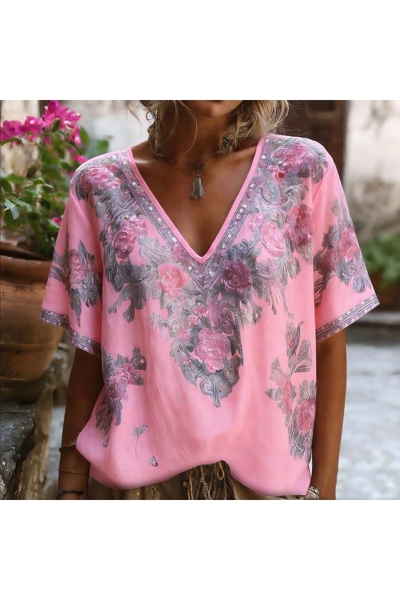 Womens Shirts Vacation Summer Pink Boho Loose Floral V Neck Blouse for Women Short Sleeve