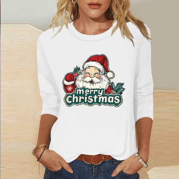HOMBOM Womens Shirts White Festive Christmas 3/4 Sleeve Basic Christmas Tree Xmas T Shirts for Ladies