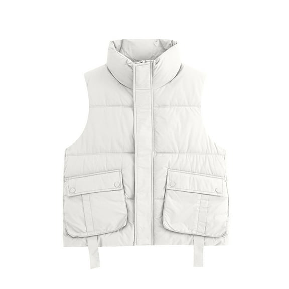 HOMBOM Womens Short Puffer Vest with Pockets Zipper Waistcoat Lightweight Winter Jackets Sleeveless White for Women Stand Collar