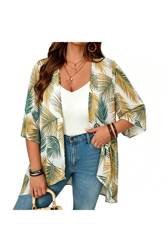 Womens Short Sleeve Kimono Lightweight Cardigan Summer Dusters Hawaiian Print Soft Casual Cover Ups for Young Women