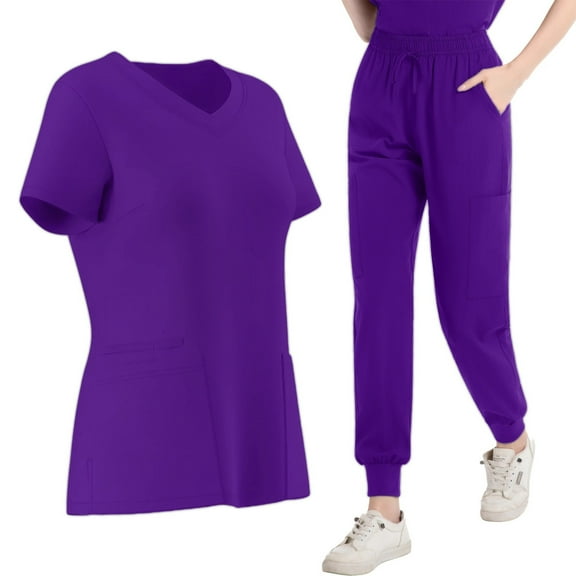 HOMBOM Womens Short Sleeve Scrubs Medical Purple V Neck Scrub Top and Pant Comfortable Nursing Uniforms for Women