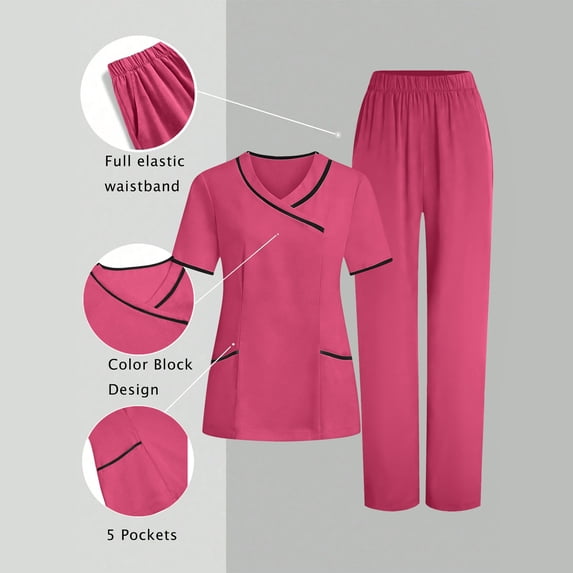 HOMBOM Womens Short Sleeve Scrubs Medical V Neck Scrub Top and Pant Set Pink Working Uniforms for Women