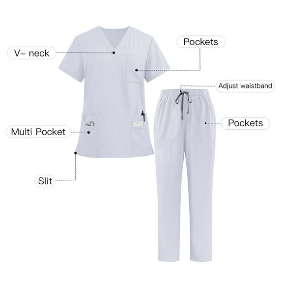 HOMBOM Womens Short Sleeve Scrubs Medical V Neck Scrub Top and Pant Stretch White Working Uniforms for Ladies