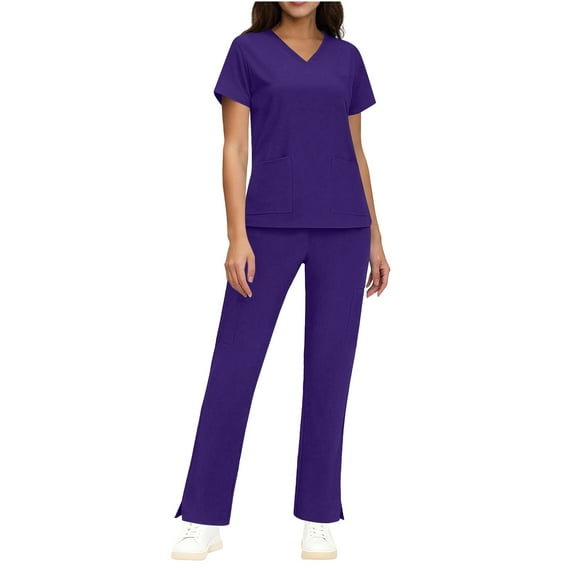 HOMBOM Womens Short Sleeve Scrubs Purple V Neck Scrub Top and Pant Set Medical Stretch Nursing Uniforms for Ladies