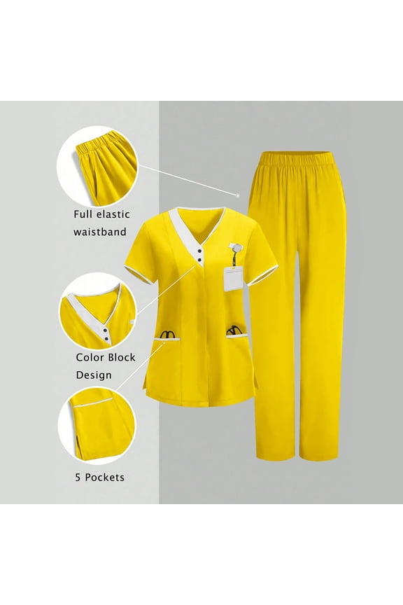 Womens Short Sleeve Scrubs Set V Neck Scrub Top and Pant Medical Yellow Working Uniforms for Women