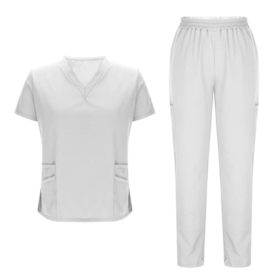 HOMBOM Womens Short Sleeve Scrubs White V Neck Scrub Top and Pant Medical Stretch Working Uniforms for Ladies Set