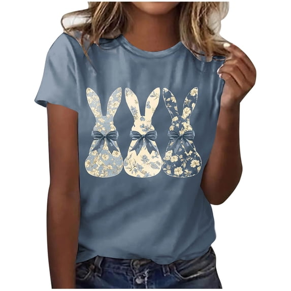 HOMBOM Womens Short Sleeve Tops Easter Summer T-Shirts Basic Bunny Print Crew Neck Navy Graphic Tees for Ladies