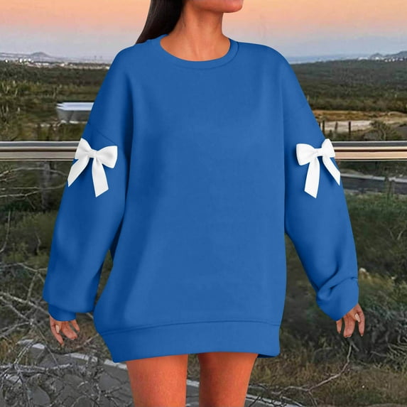 HOMBOM Womens Sky Blue Sweatshirt Bows Crew Neck Fall Holiday No Hood Pullover Long Sleeve Tops for Women Graphic