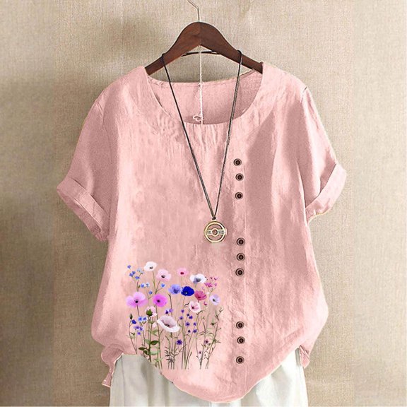 HOMBOM Womens Spring Shirts Cotton Linen Button Plus Size Pink Crewneck Floral Short Sleeve Dressy Casual T Shirts for Ladies