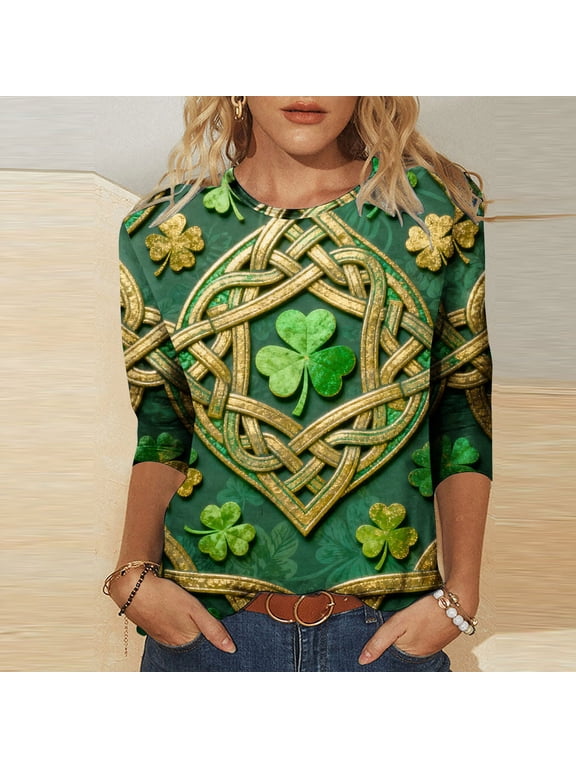 Womens Spring St.Patricks Day Shirts Irish Graphic Tees Bow Print 3/4 Sleeve Green Crewneck Tshirts for Women Basic