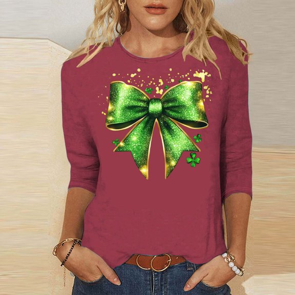 HOMBOM Womens Spring St.Patricks Day Shirts Irish Graphic Tees Shamrock Print Casual 3/4 Sleeve Red Tshirts for Ladies