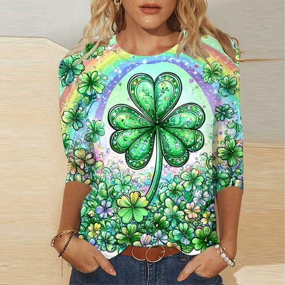 HOMBOM Womens Spring St.Patricks Day Shirts Irish Graphic Tees Shamrock Print Casual Yellow 3/4 Sleeve Tops for Women Crewneck
