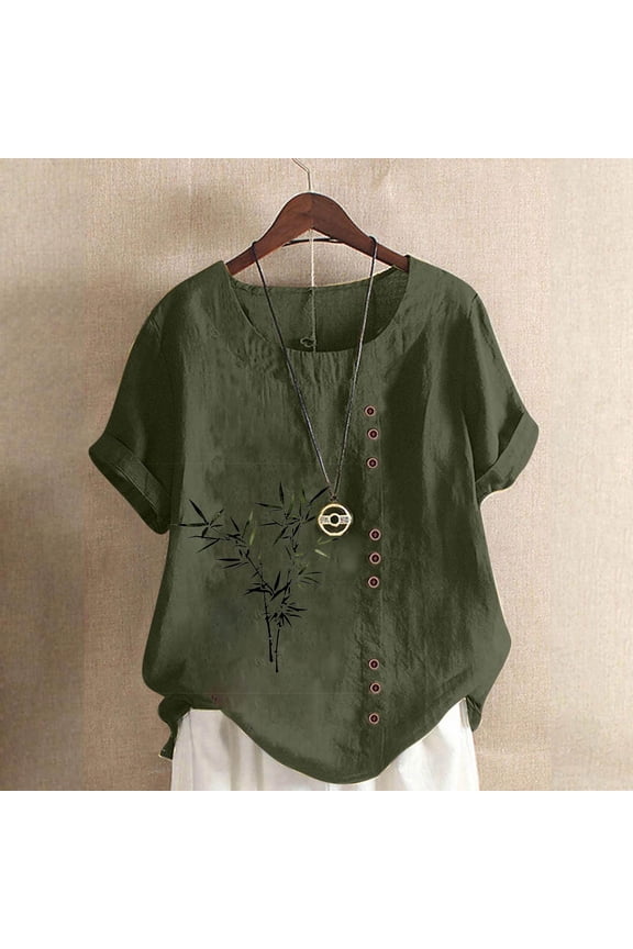 Womens Spring Tops Army Green Cotton Linen Boho Loose Short Sleeve Graphic Crewneck T Shirts for Women Soft