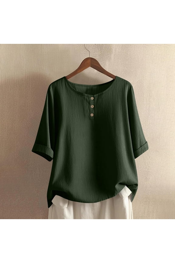 Womens Spring Tops Rolled Sleeve Cotton Linen Short Sleeve Crewneck Loose Army Green Solid T Shirts for Women