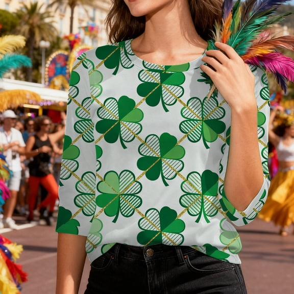 HOMBOM Womens St.Patricks Day Shirts Irish Graphic Tees Spring Multicolor 3/4 Sleeve Shamrock Print Tops for Women Funny