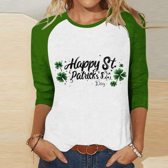 HOMBOM Womens St.Patricks Day Shirts Spring Irish Graphic Tees Happy Patrick's Day 3/4 Sleeve Green Crewneck Basic Tshirts for Ladies