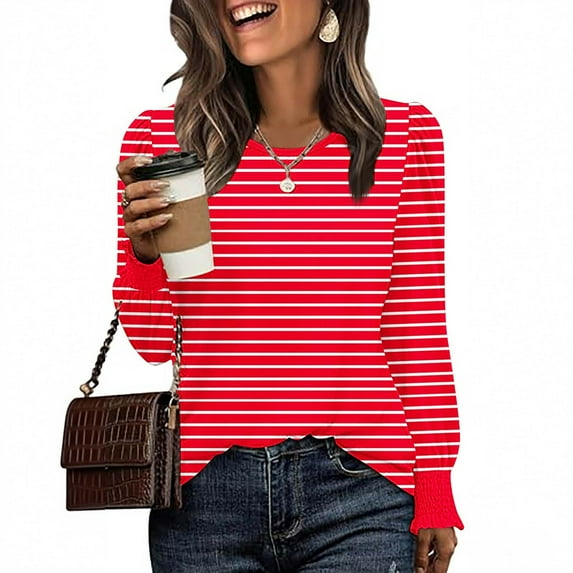 HOMBOM Womens Striped T-Shirts Red Crew Neck Trendy Relaxed Fit Tops Long Sleeve for Ladies