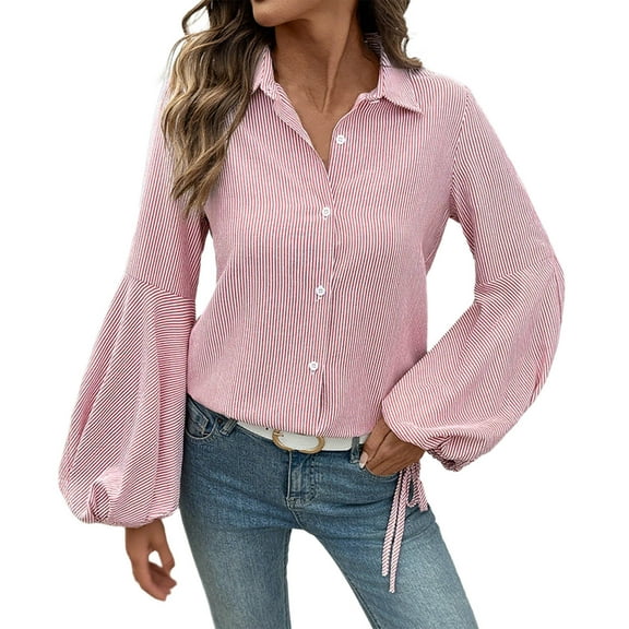 HOMBOM Womens Striped Tops Pink Button down Shirts Long Sleeve Lantern Sleeve V-Neck for Ladies Loose