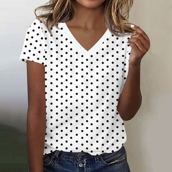 HOMBOM Womens T Shirts Summer Graphic Tees Polka Dots V Neck White Short Sleeve Casual Tops for Ladies