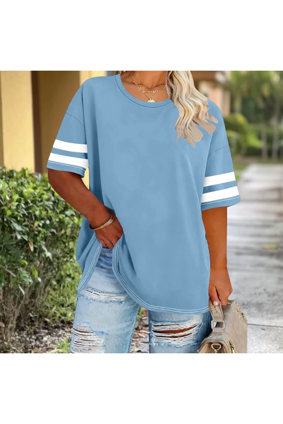 Shirts for Women Spring Blouse Crew Neck Casual Light Blue Plus Size Colorblock Short Sleeve Sleeveless Ladies Tops