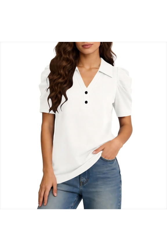 Womens Lapel Shirts Henley V Neck Blouse Summer Solid White Tops for Ladies Short Puff Sleeve